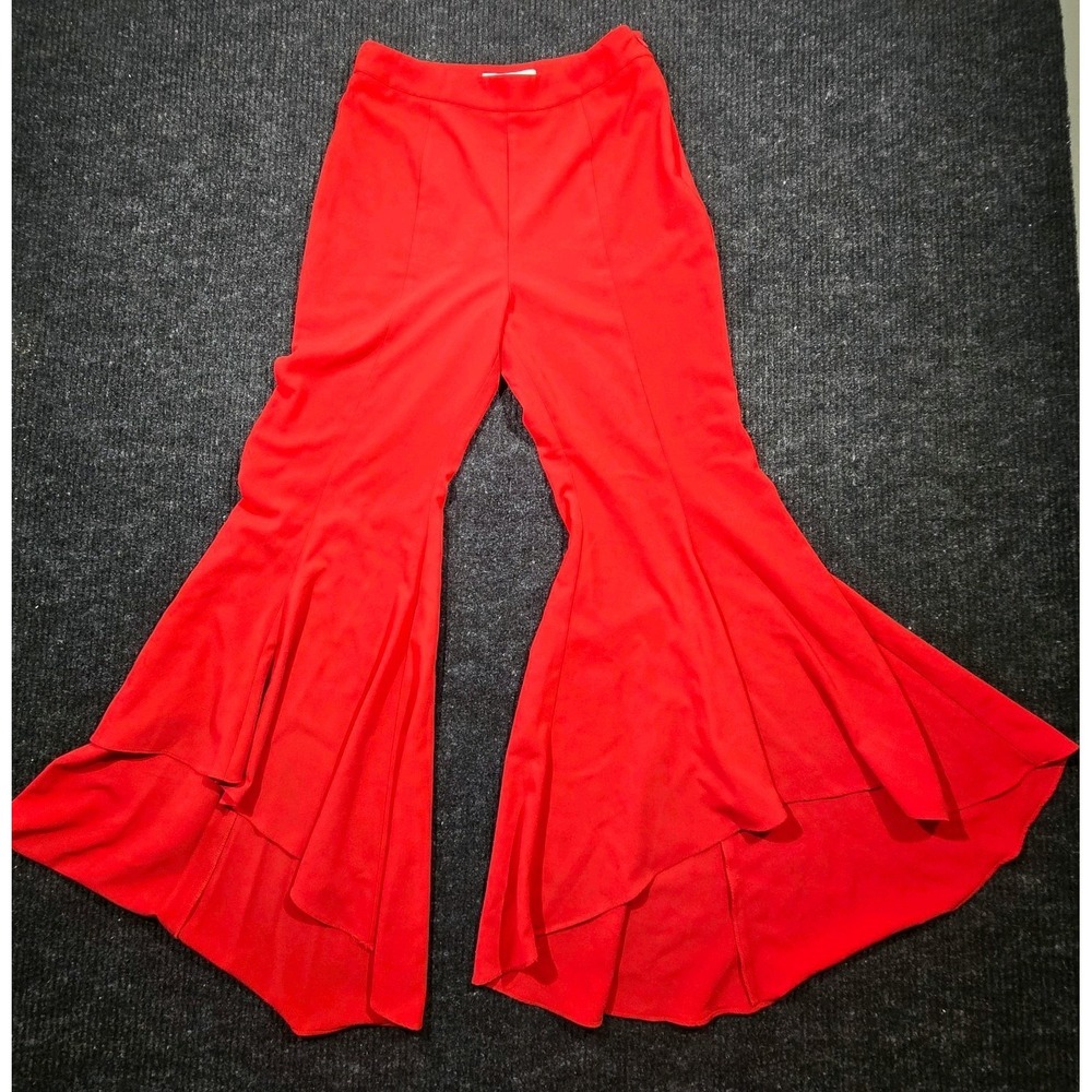 DO+BE High Waist Ruffle Accent Flared Zip Red Pants for Women Meduim